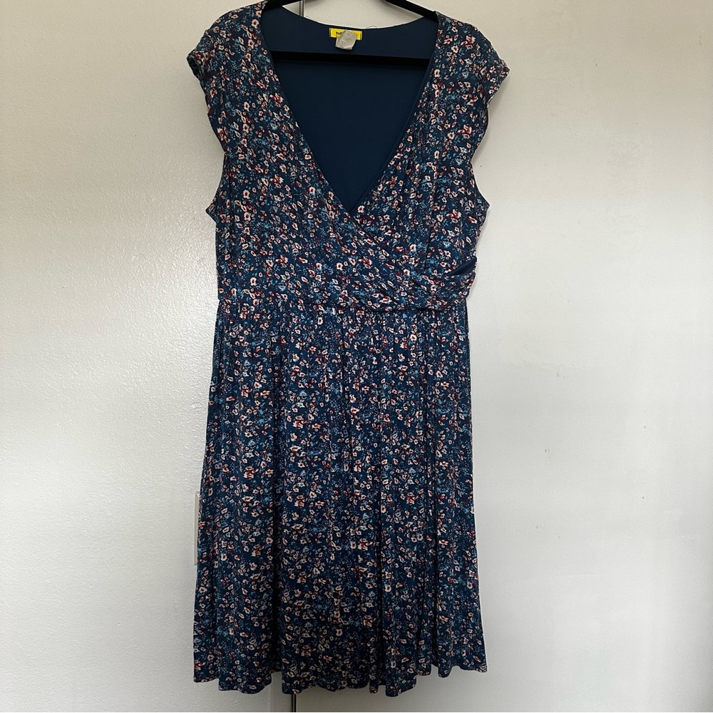 Modcloth Yellow Star Blue Floral Faux-Wrap Dress GUC